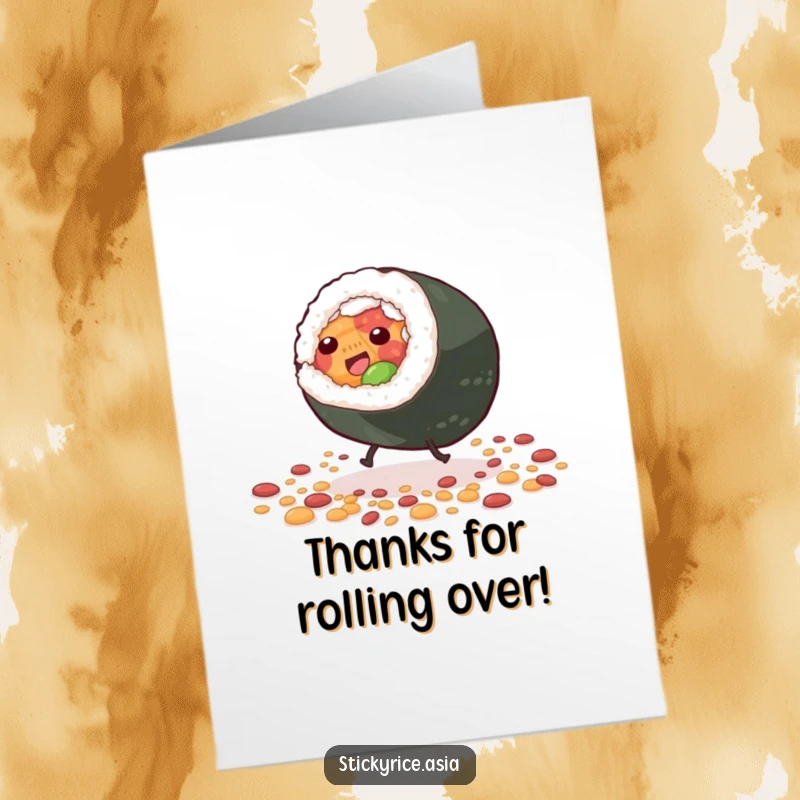 Funny Free Printable Thank You Card depicting a giddy sushi roll doing a cartwheel with tiny legs amidst a playful scattering of rice.