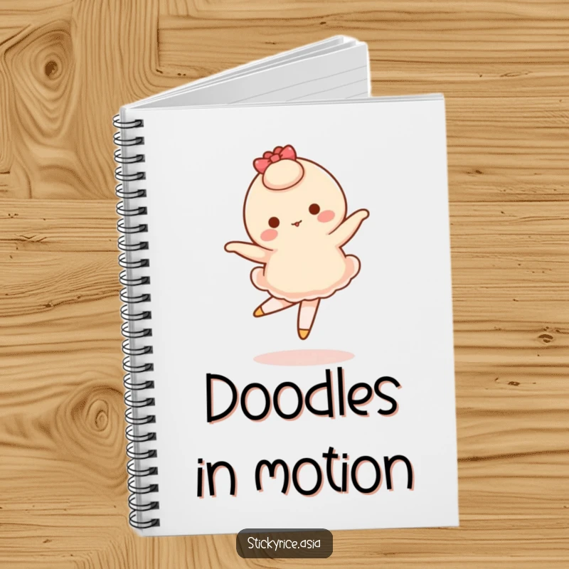 Funny notebook featuring a wobbly mochi character attempting a ballet pirouette, inspiring creative writing and artistic doodles.