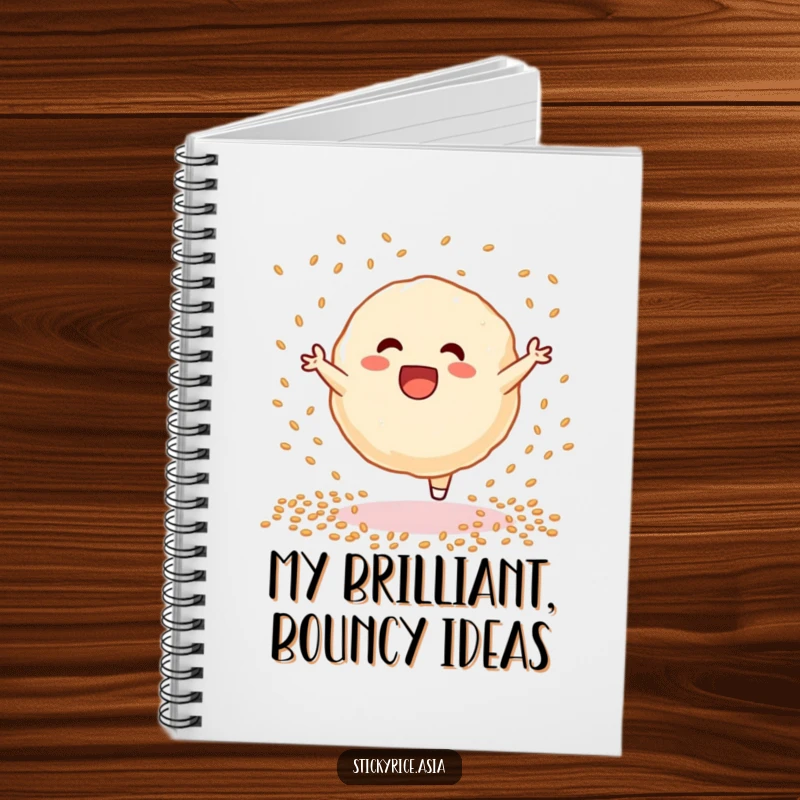 Funny sticky rice dumpling notebook, performing a cartwheel with sesame seeds, inspiring creative thoughts and lighthearted moments.