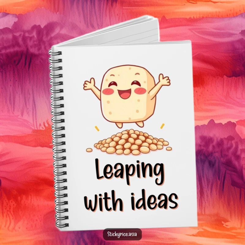 Funny notebook featuring a happy sticky rice cake character leaping over beans, inspiring joyful note-taking and creativity.