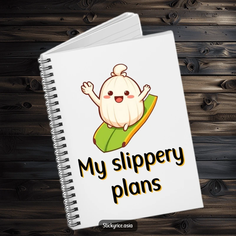 Funny Notebook: Cover features a waving sticky rice clump happily sliding down a banana leaf ramp, promoting smooth and fun note-taking.