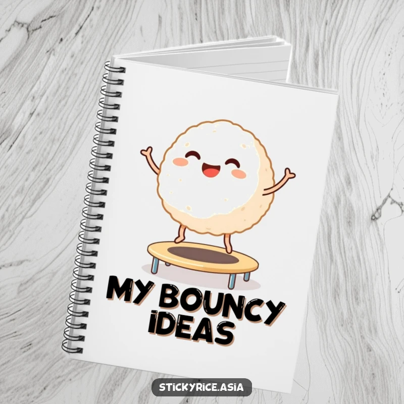 Funny Notebook: Cover features a smiling sticky rice ball with tiny legs joyfully bouncing on a trampoline, promoting fun note-taking.