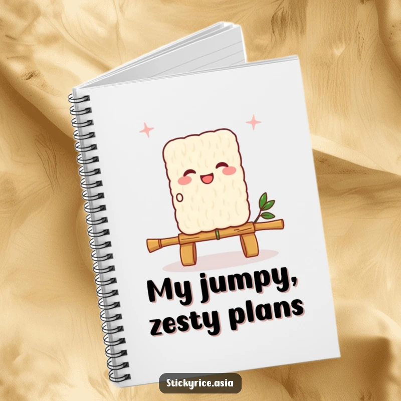Funny sticky rice square notebook, skipping vibrantly with a bamboo skewer rope, inspiring playful ideas and creative journaling.
