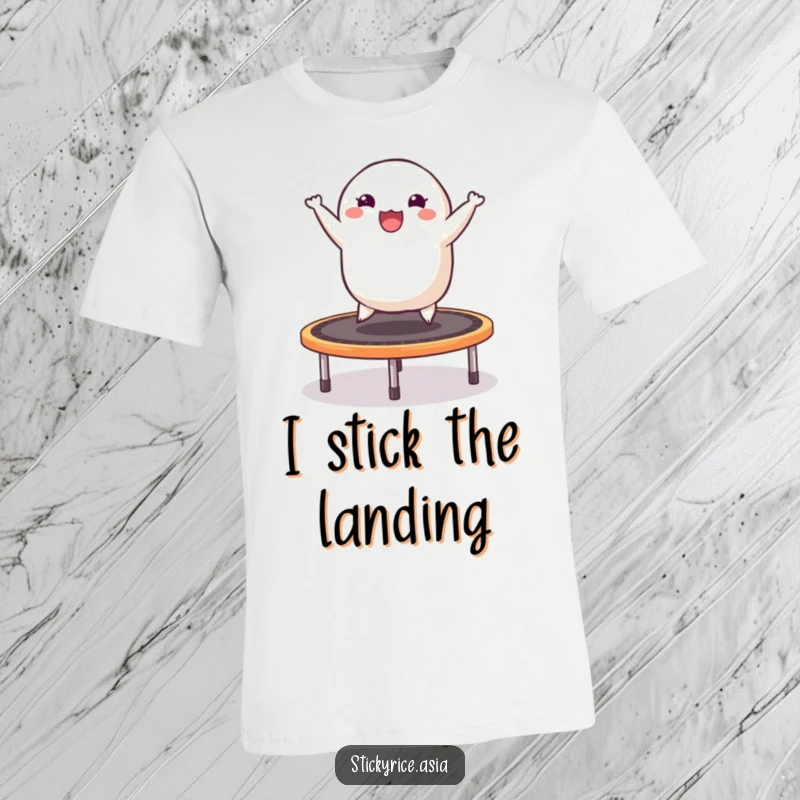 Funny t-shirt with a cheerful sticky rice dumpling gleefully bouncing high on a springy trampoline, full of life and humor.