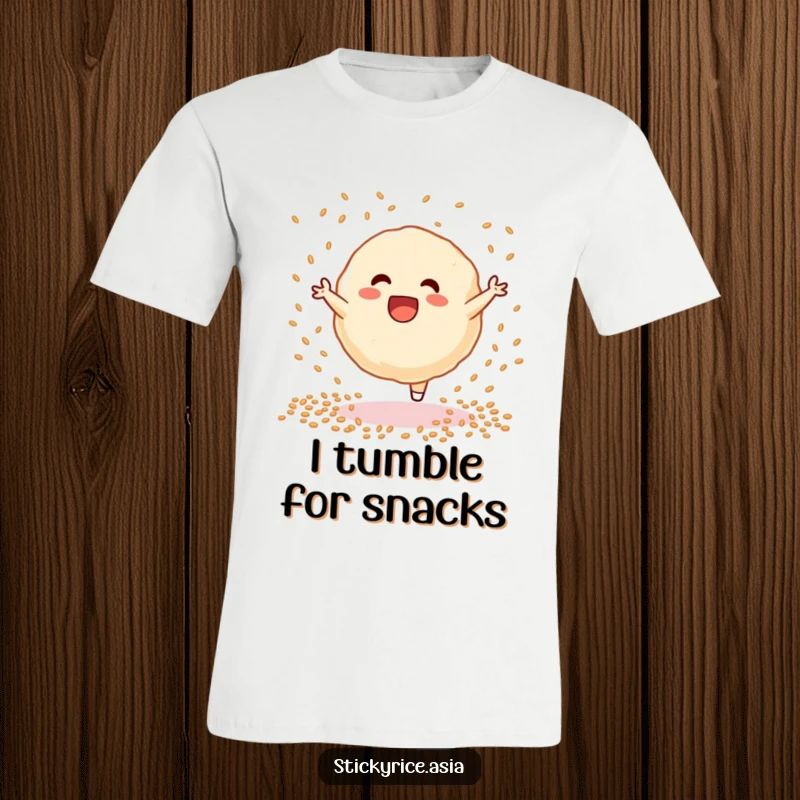 Funny sticky rice dumpling t-shirt, doing a spirited cartwheel with sesame seeds flying, radiating playful energy and comedic charm.