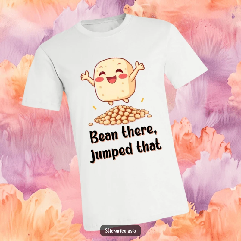 Funny t-shirt featuring a happy sticky rice cake character leaping with joy over beans, embodying pure delight.