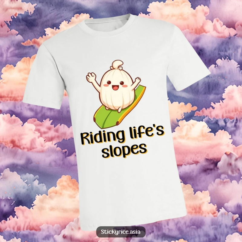 Funny T-Shirt: A waving sticky rice clump joyfully sliding down a banana leaf ramp, representing carefree fun and humor.