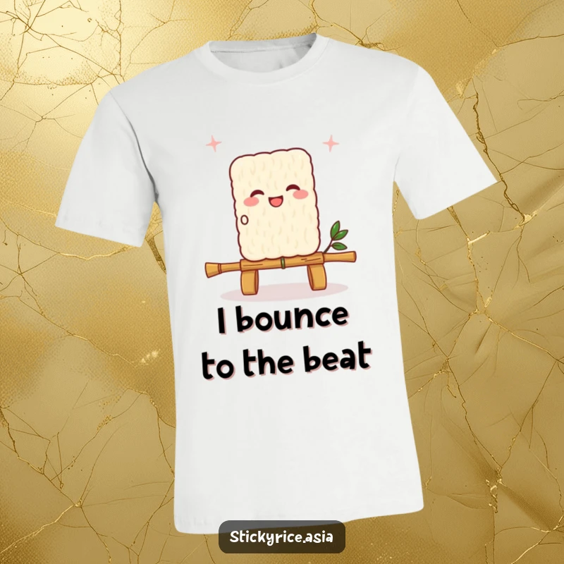 Funny sticky rice square t-shirt, energetically skipping rope made of a bamboo skewer, embodying cheerful activity and foodie fun.