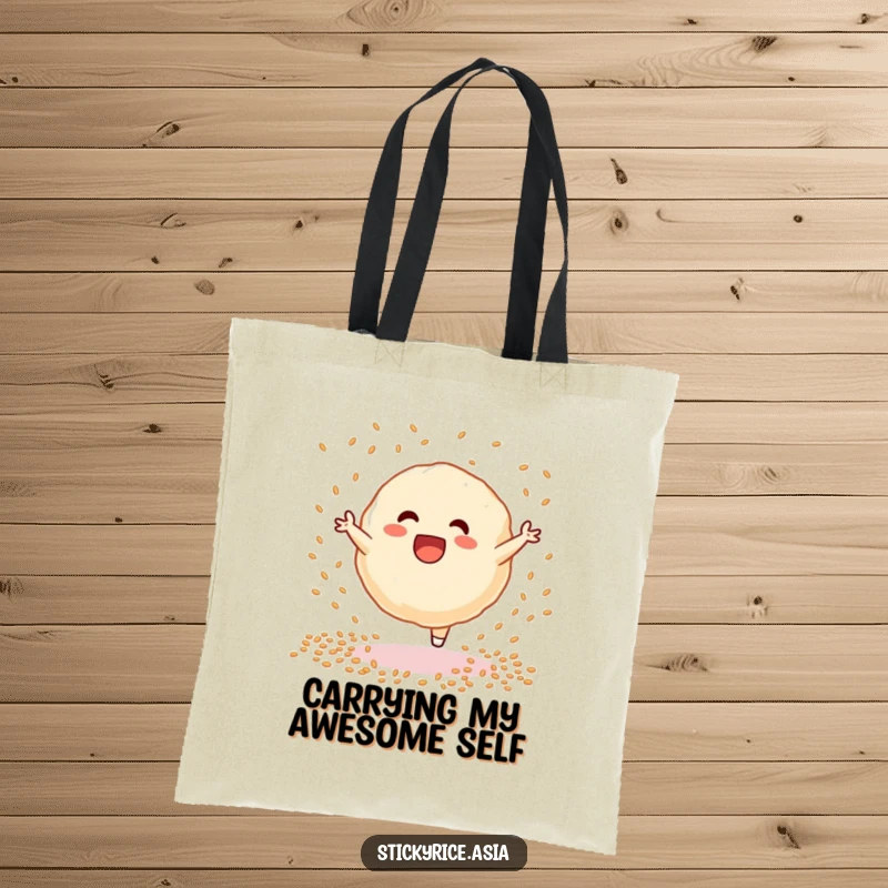 Funny sticky rice dumpling tote bag, executing a cartwheel with sesame seeds showering down, a symbol of joyful movement and foodie fun.
