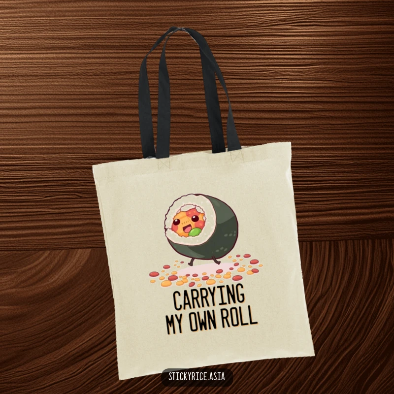 Funny Tote Bag depicting a giddy sushi roll with tiny legs doing a cartwheel amidst scattered grains, perfect for carrying essentials with humorous flair.