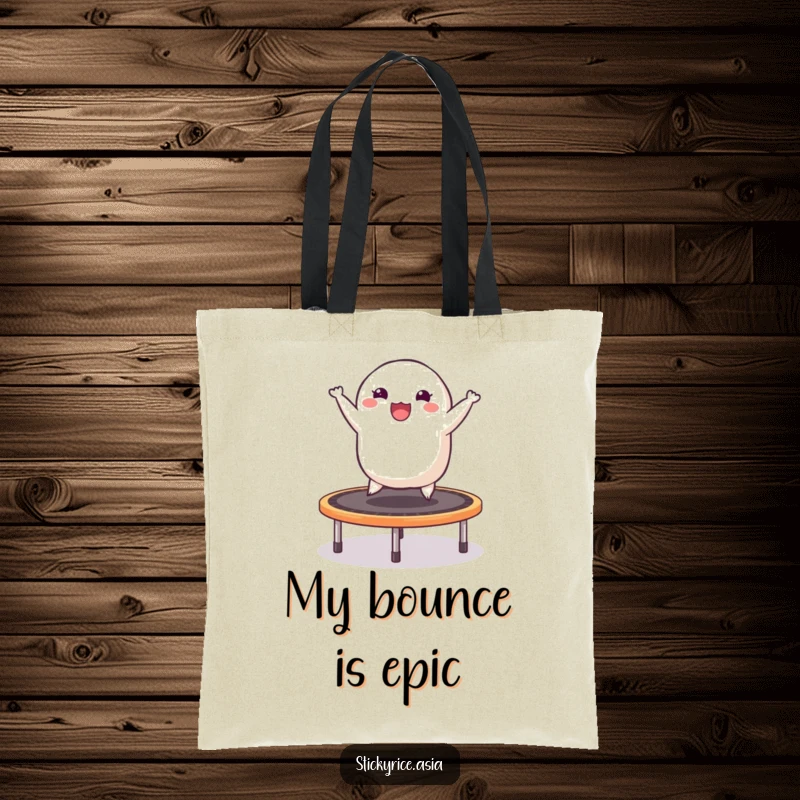 Funny tote bag featuring a sticky rice dumpling joyfully bouncing on a trampoline, perfect for carrying groceries with a laugh.