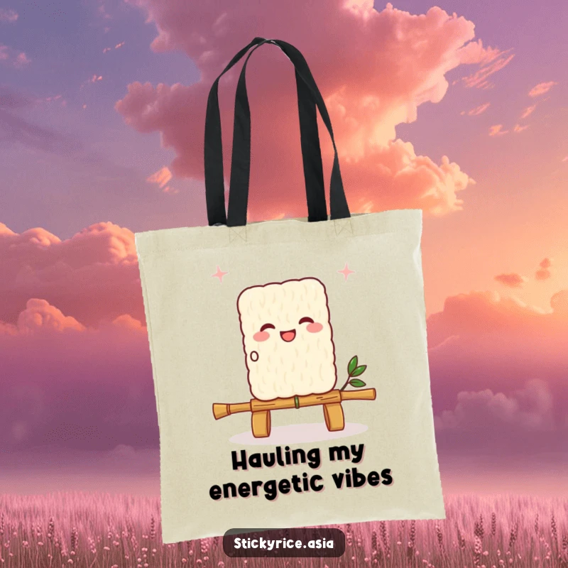Funny sticky rice square tote bag, skipping with a bamboo skewer rope, showcasing joyful movement and portable fun.