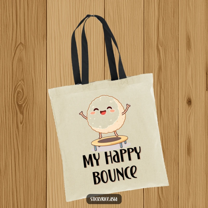 Funny Tote Bag: Smiling sticky rice ball with tiny legs joyfully bouncing on a trampoline, showcasing playful humor for everyday use.